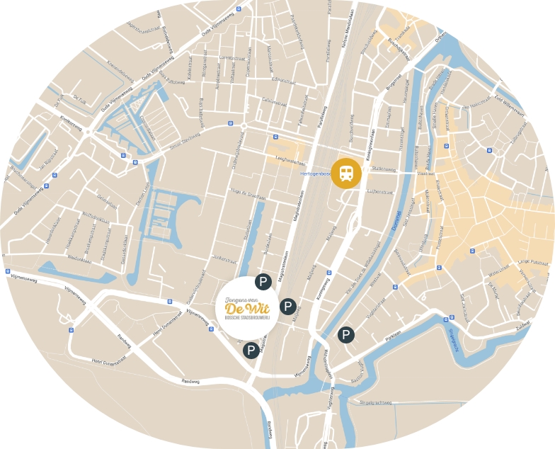 Kaart van Den Bosch met de brouwerij, parkeerplekken en het station