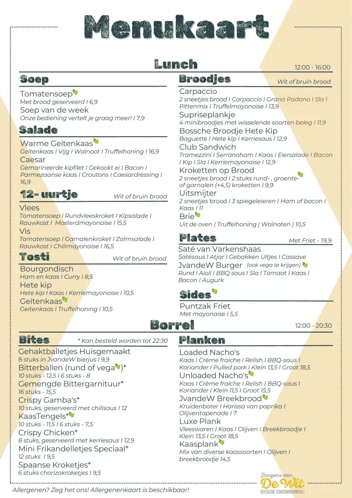 Menukaart voor de lunch met broodjes, salades, tosti's en borrelhapjes